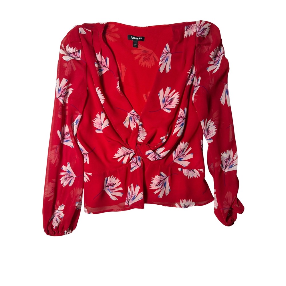 Express Red Floral Leaf Print Twist Front V-Neck Peplum Blouse Small Long Sleeve